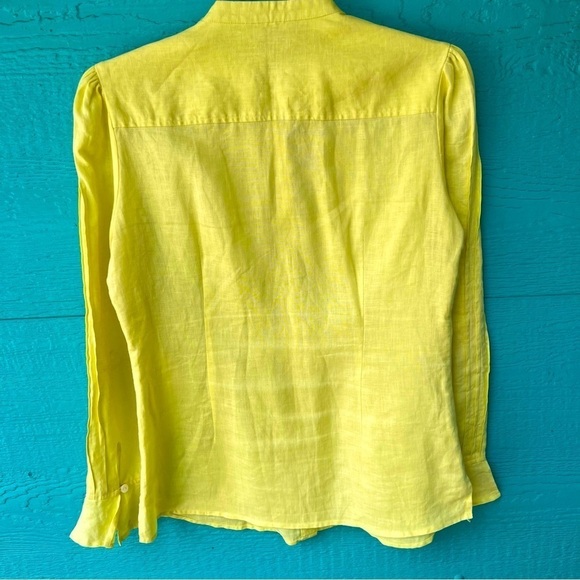 YELLOW LINEN PINTUCK PEPLUM BUTTON DOWN BLOUSE WITH RUFFLE CUFFS SIZE MEDIUM - Picture 3 of 7
